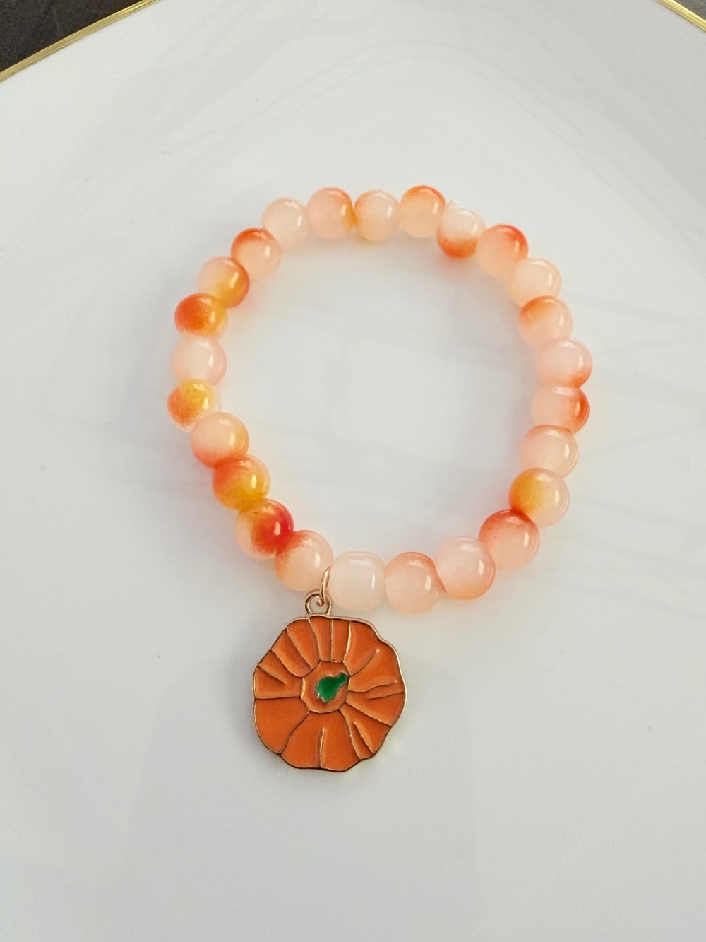 Fall Pumpkin Charm Orange Beaded Bracelet Handmade Jewelry